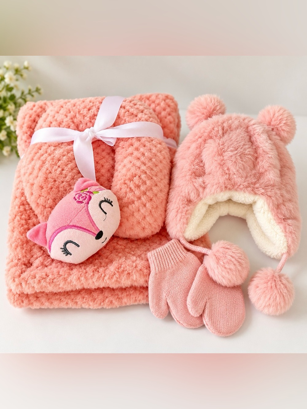Baby Girl Plush Blanket+Faux Fur Hat & Mittens Bundle 0-6 months Pink Winter set